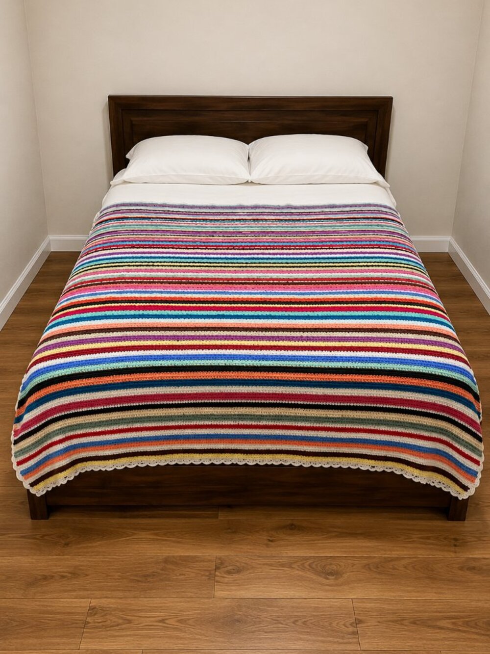 Rainbow Stripes Handmade Crochet Afghan Throw Blanket Scalloped Edges 78x72 Full